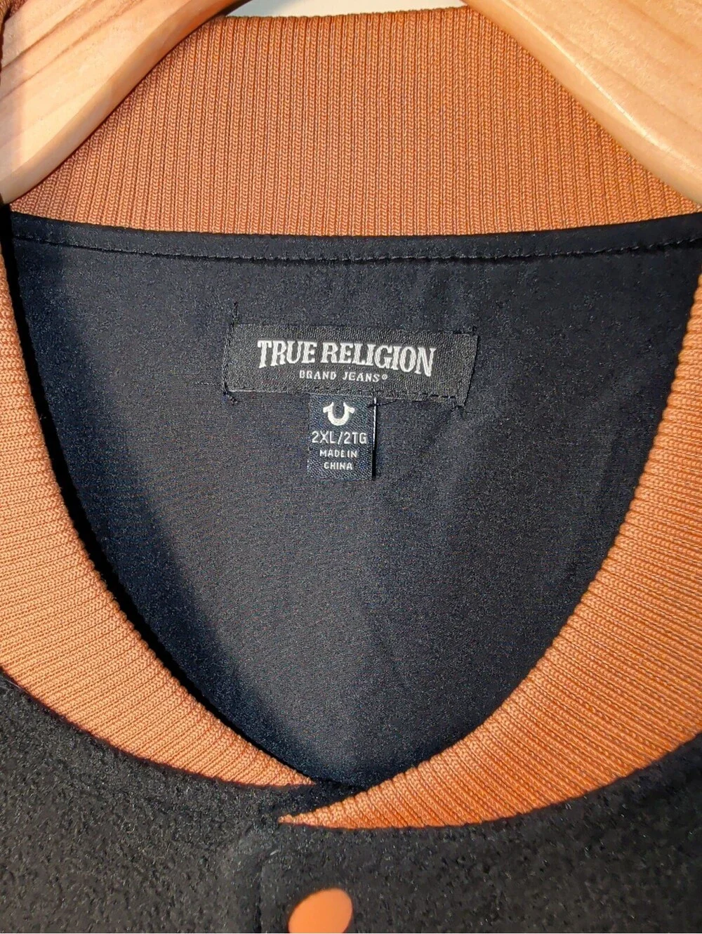 True Religion Men's Utility Jacket 2XL Black Orange Fleece Bomber Casual Button